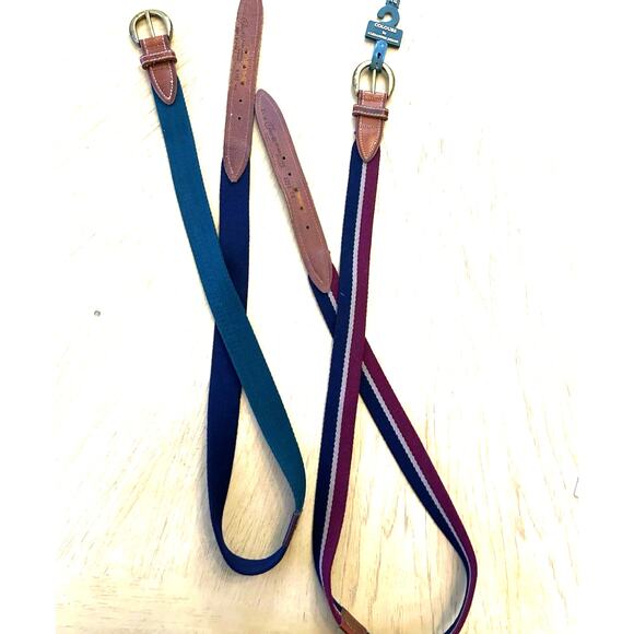 2* VTG Golf Belt Men 42/44 Burgundy Blue Stripe Canvas Brown Leather Colours R - Picture 1 of 16